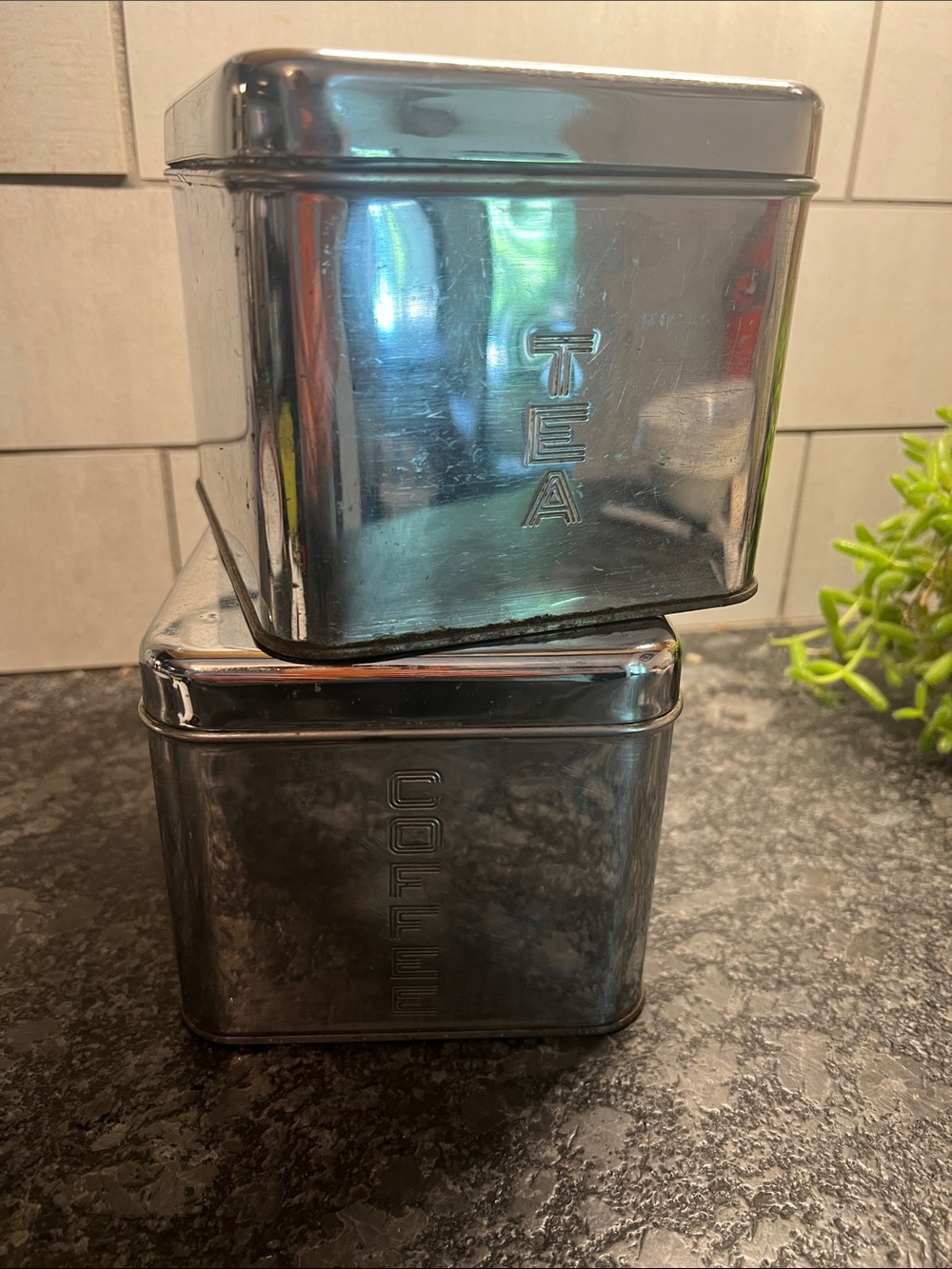 Set of 2 Lincoln Beautyware Tea & Coffee Canisters - chrome. Counter storage
